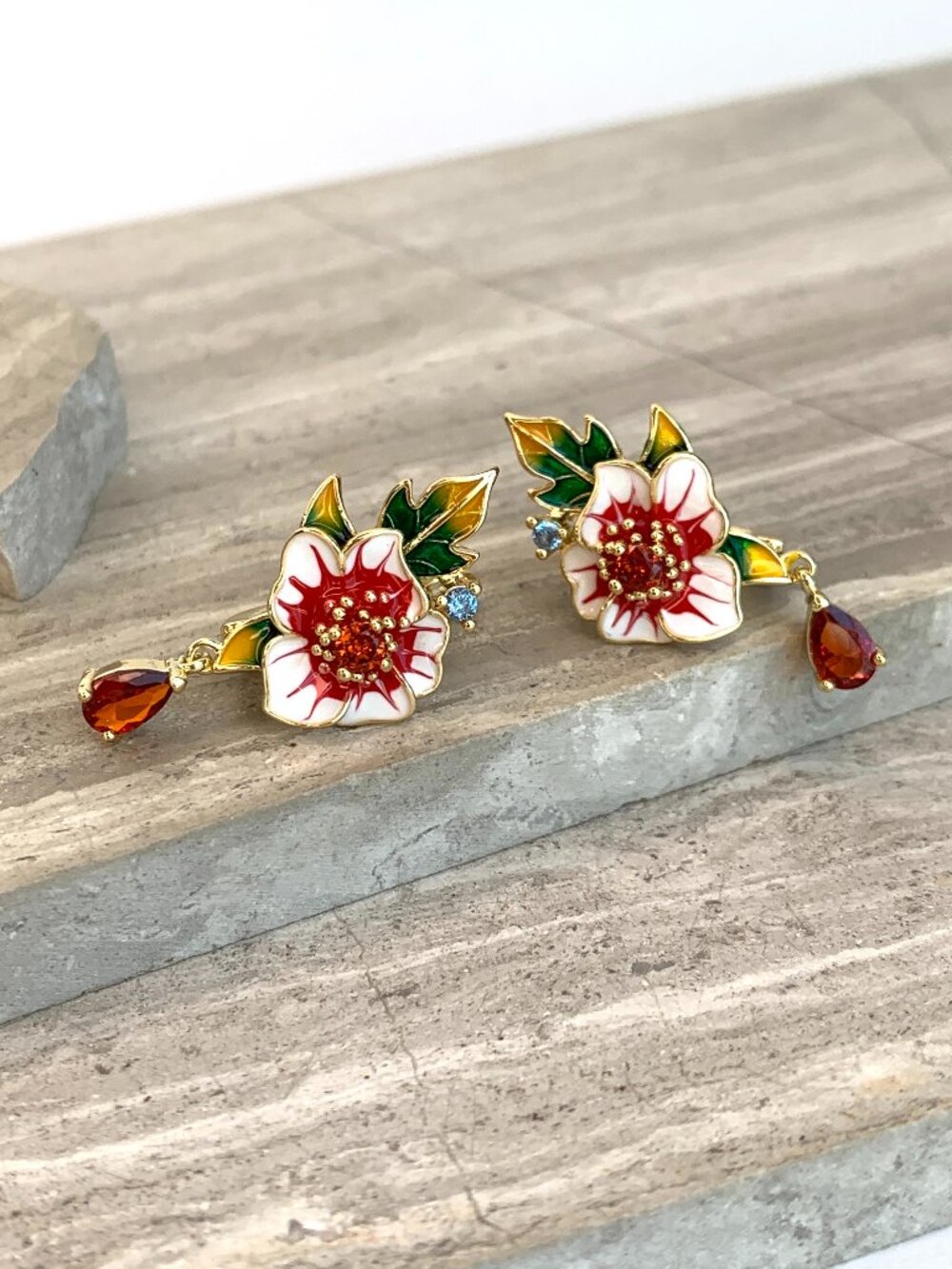 NEW ~ Anthropologie Enamel Flower Crystal Drop Lever Back Earrings - Picture 7 of 16